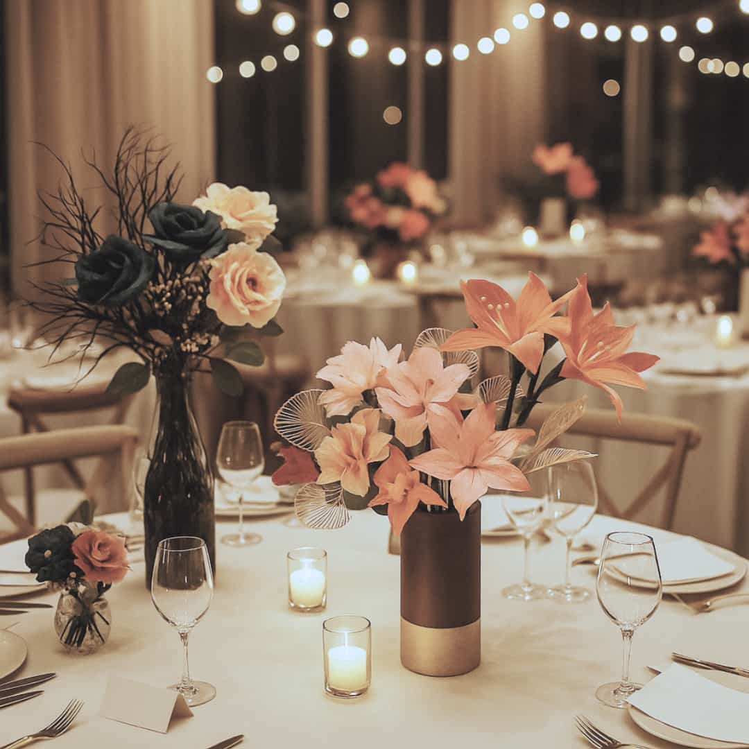Elegant festbord med håndlavede papirblomster i varme nuancer og levende lys.